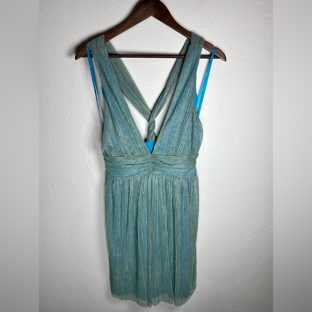 Crystal Sky Backless Braid Metallic Sheer Babydoll‎ Green Mini Dress Size Large